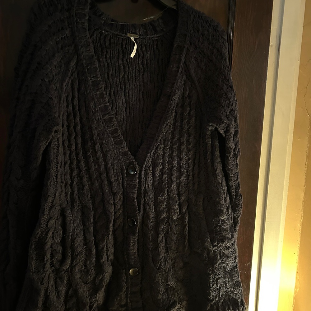 Free People Black Cable Knit Cardigan Sweater